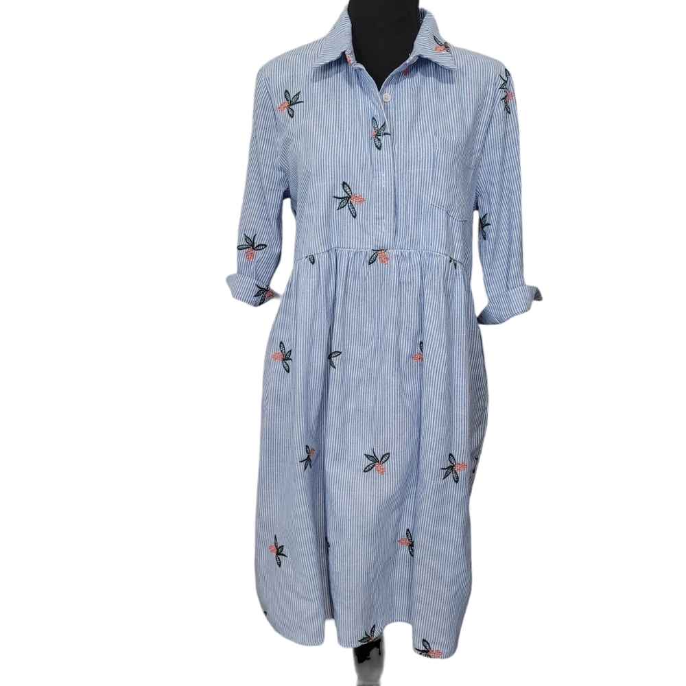 NWOT Orange Creek Blue White Striped Floral Embroidered Dress Sz M